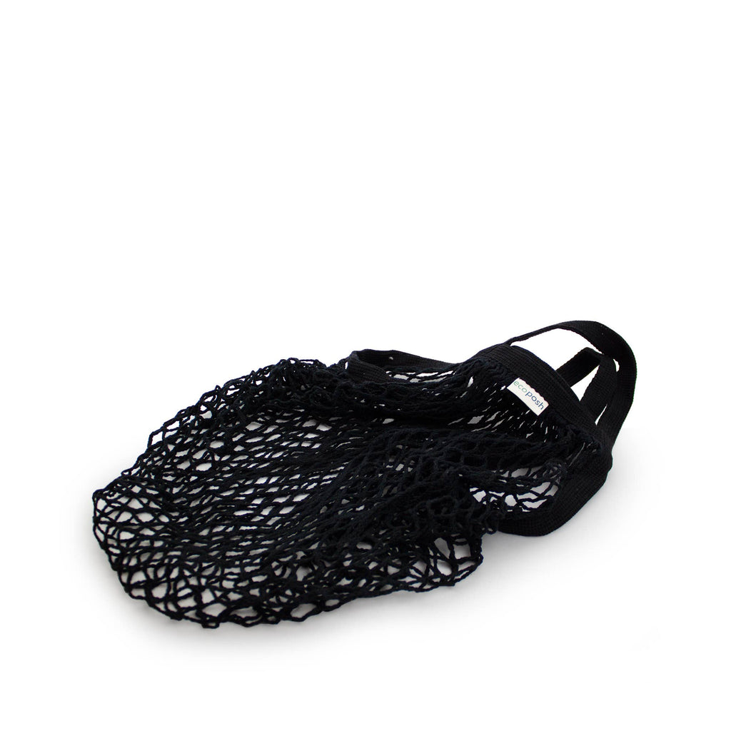 Ecoposh Short Handle Organic Cotton Net Tote Bag: Black / 7" Handle : 14 in x 17 in sack