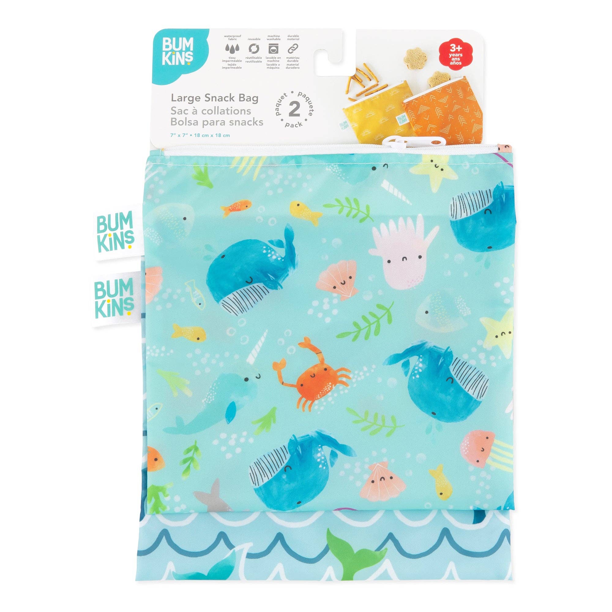 Reusable Snack Bag, Large 2-Pack: Ocean Life & Whale Tail