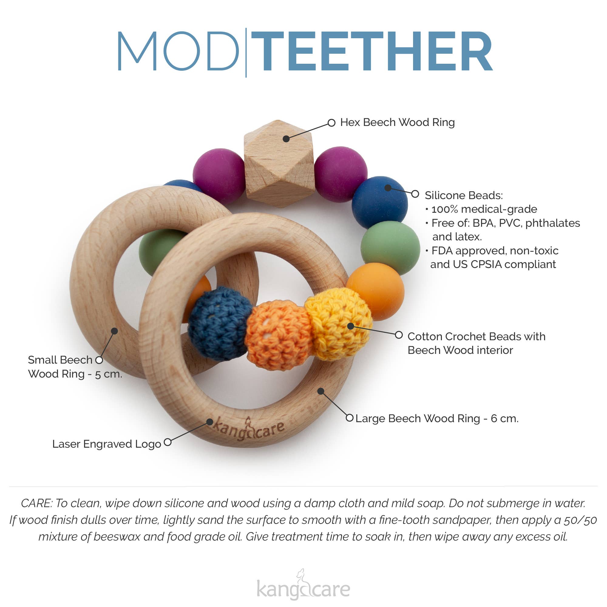 Kanga Care Silicone & Wood Crocheted Teething Ring: Pebble